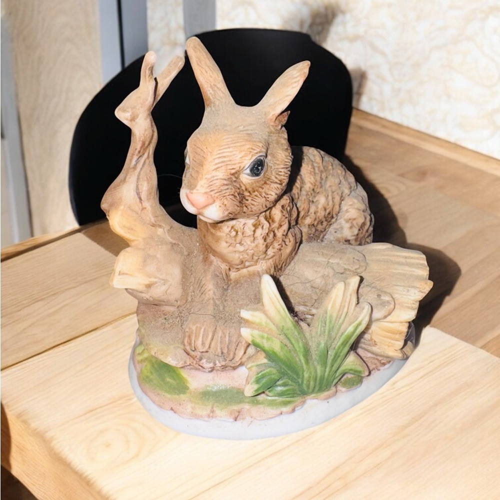 Vintage Homco Rabbit on Log #1411 Logo Porcelain Figurine